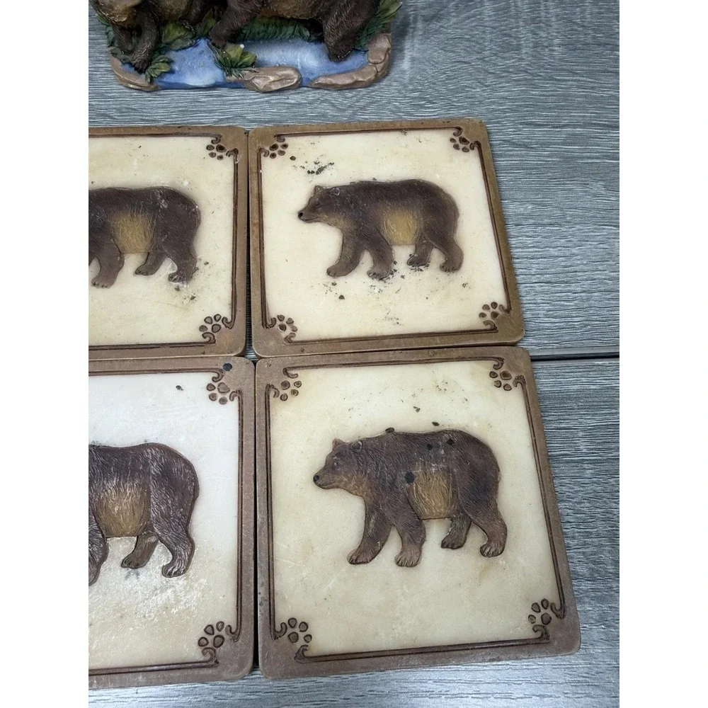 Rustic Bear Family Coaster Set Holder Cabin Lodge Wildlife Decor Outdoorsy